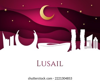Línea aérea de Lusail sobre fondo rojo. La mayoría de los edificios famosos son monumentos. Estilo de arte de papel. 