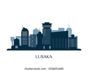 Lusaka skyline, monochrome silhouette. Vector illustration.