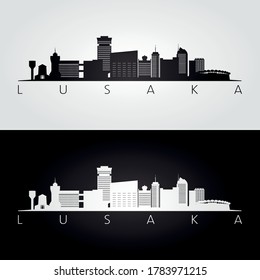 Lusaka, Zambia skyline and landmarks silhouette, black and white design, vector illustration.  