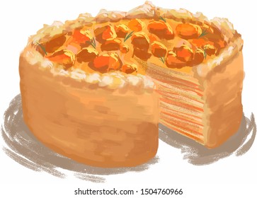 
a lush, appetizing cozy pie, orange with fruits or vegetables, in section, flaky