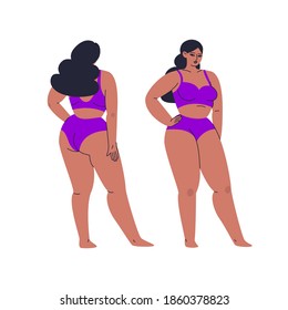 Lush beautiful woman in full growth underwear, front and back views. A young girl with big breasts poses, demonstrates a separate swimsuit. Vector stock isolated illustration in cartoon style.