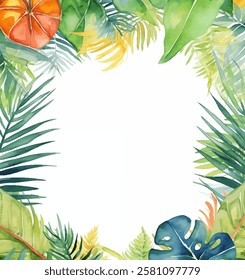 Beleza exuberante de um fundo de vetor da selva da floresta tropical. Variedade de moldura de aquarela de flora tropical. Arranjo artístico de folhas e plantas jogo de luz e sombra para projetos que precisam de um toque de trópico