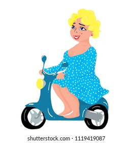 A lush blonde is riding a scooter. Without a background