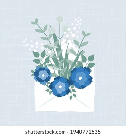 Flores azules exuberantes en un sobre blanco sobre un fondo texturado azul claro. Flores de vector lindo - letra.