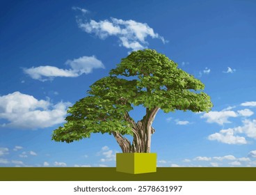 Lush bonsai tree thriving under a bright blue sky