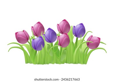 A lush bouquet of 3D tulips. Vector illustration depicts vibrant purple and pink flowers with green stems, ideal for greeting cards and spring themes.