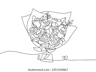 Lush bouquet of roses. Beautiful bouquet. World Rose Day . One line drawing for different uses. Vector illustration.