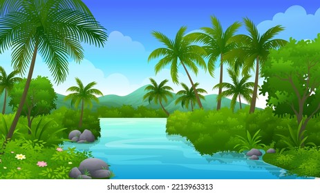 Lush bushes and coconut trees by the sea, beautiful seaside cartoon landscape illustration 