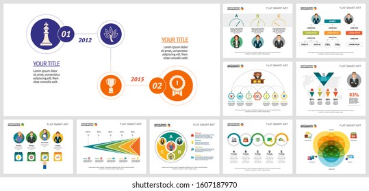 Lush business chart design set for management infographics, annual document, slide, web page. Business and development concept with process diagram, venn, flow, and percentage charts.