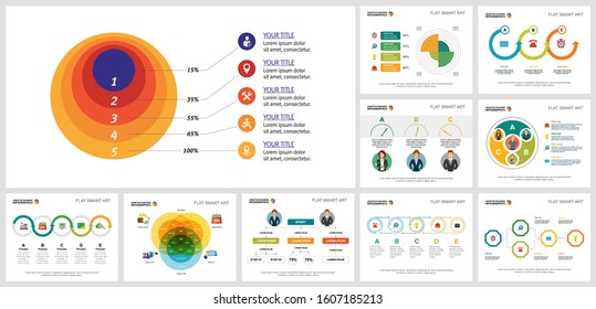 Lush business infochart layout set for teamwork report, corporate analysis, presentation, site. Business and development concept with percentage diagram, venn, flow, cycle, pie, and process charts.