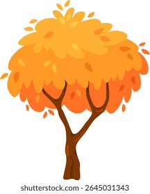 Lush cartoon autumn tree displaying vibrant orange leaves falling gracefully, crafting a whimsical fall scene ideal for nature themed projects and creative designs
