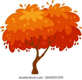 Lush cartoon tree with vibrant orange and red leaves gently swaying in the breeze, displaying the stunning beauty of autumn foliage in a colorful and whimsical way