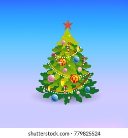 Lush Christmas tree, with toys and a star, cartoon on a winter background, vector