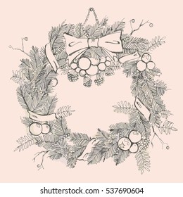 Lush Christmas wreath. Fir wreath outline drawing.