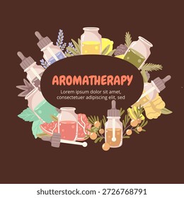 Uma exuberante coroa circular de várias garrafas de óleo essenciais e elementos botânicos. Um design de estrutura profissional para produtos de aromaterapia ou cabeçalhos de blog.