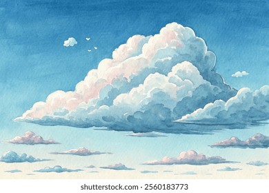 Lush clouds billow softly in a clear blue sky, capturing the essence of tranquility.