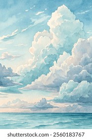 Lush clouds hover over a calm ocean, reflecting soft colors in a serene seaside landscape.