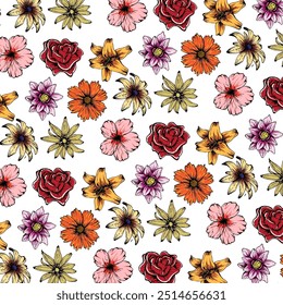 Lush and Colorful Seamless Pattern of Realistic Flowers and Leaves on a White Background