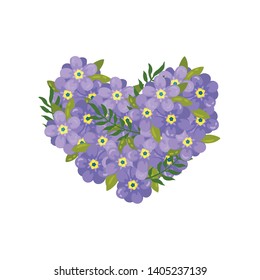 Lush composition in a heart shape out of small violets. Vector illustration on white background.