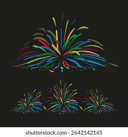 Lush firework bursts. Vivid night display. Exploding light event. Colorful vector spectacle.