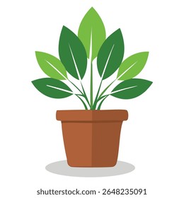 Lush flat vector of a potted plant with detailed green leaves in a classic pot. Ideal for botanical branding, eco apps, home decor, and wellness design.