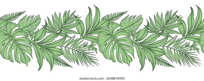 Lush floral border with tropical branches and leaves. Monstera and palm leaf. Seamless horizontal background with beautiful green garland of exotic plants. Vector illustration