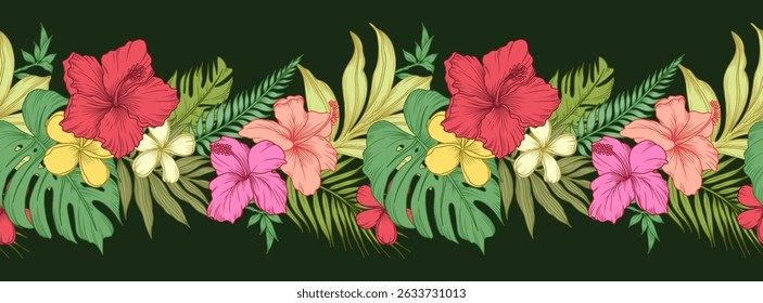Lush floral border with tropical flowers, branches and leaves. Seamless horizontal color background with beautiful garland of exotic plants. Vector vintage illustration