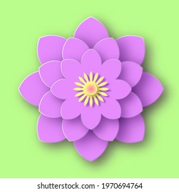 Lush flower on green surface. Purple opened lotus with delicate petals and yellow inflorescence swaying in swampy summer vector water.