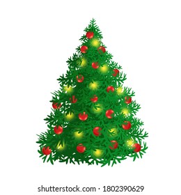 Árbol de Navidad exuberante y esponjoso con bolas y guirnaldas. Pino o abeto verde adornado. Vacaciones de Año Nuevo. Ilustración vectorial de dibujos animados aislada en blanco