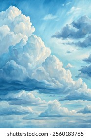 Lush, fluffy clouds fill the sky in this vibrant watercolor painting, creating a sense of wonder and tranquility.