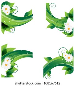 Lush foliage and daisies on an abstract wavy elements. Conceptual backgrounds.