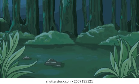 A lush forest background illustration featuring dense green trees, plants, and a serene natural environment