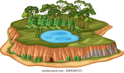 Una exuberante isla forestal con un estanque central