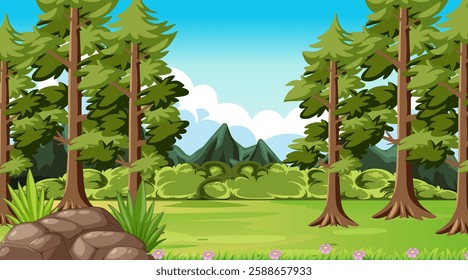 Lush forest with mountains under a clear sky