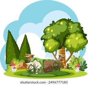 Lush forest scene with trees and mushrooms