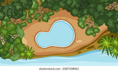 Lush forest surrounding a small, serene pond