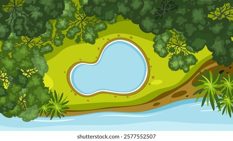 Lush forest surrounds a tranquil, heart-shaped pond