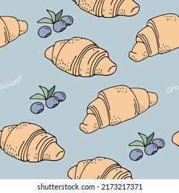 Lush fresh croissants and blueberry sprigs seamless pattern