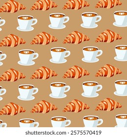 Lush fresh croissants with coffee seamless background pattern. sweet bakery seamless pattern with baked goods. Confectionery baking background design for wrapping paper, package print