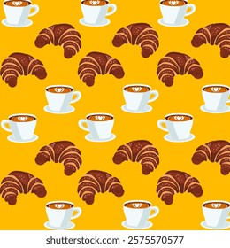 Lush fresh croissants with coffee seamless background pattern. sweet bakery seamless pattern with baked goods. Confectionery baking background design for wrapping paper, package print, cafeteria 