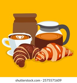 Lush fresh croissants with coffee. sweet bakery with baked goods. Confectionery baking background design for wrapping paper, package print, cafeteria and shop wallpapers