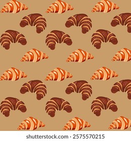 Lush fresh croissants seamless background pattern. sweet bakery seamless pattern with baked goods. Confectionery baking background design for wrapping paper, package print, cafeteria 