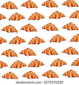 Lush fresh croissants seamless background pattern. sweet bakery seamless pattern with baked goods. Confectionery baking background design for wrapping paper, package print, cafeteria 