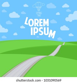 Lush fresh spring grass. Meadow with road and clear sky and clouds. Clean background. Brochure, cover, Easter card and banner design template.