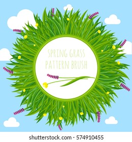 Lush fresh spring grass with meadow flowers. Border frame background and vector pattern brush. Brochure, cover, Easter card and banner design template.