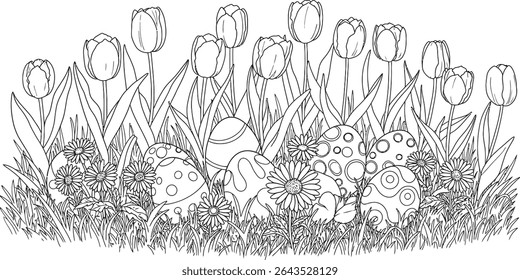 Lush Garden Line Art Featuring Spring Tulips Daisies Hidden Easter Eggs Detailed Nature Outline Drawing