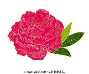 A lush golden peony bud with red petals. Beautiful blooming peony flower. Golden outline. Elements for the design of postcards, invitations, etc. Vector illustration on a white background.