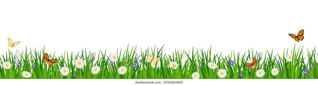 Lush grass with flowers and butterflies, banner with copy space