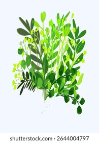  Lush Green Botanical Vector Illustration of Leafy Plants. Artistic Botanical Clipart of Leaf Sprigs and Stems. Decorative Plant Elements in Bright Green Tones