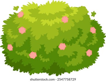Lush green bush with pink flowers blooming represents nature, growth, and beauty, creating a vibrant and lively scene against a clean white backdrop